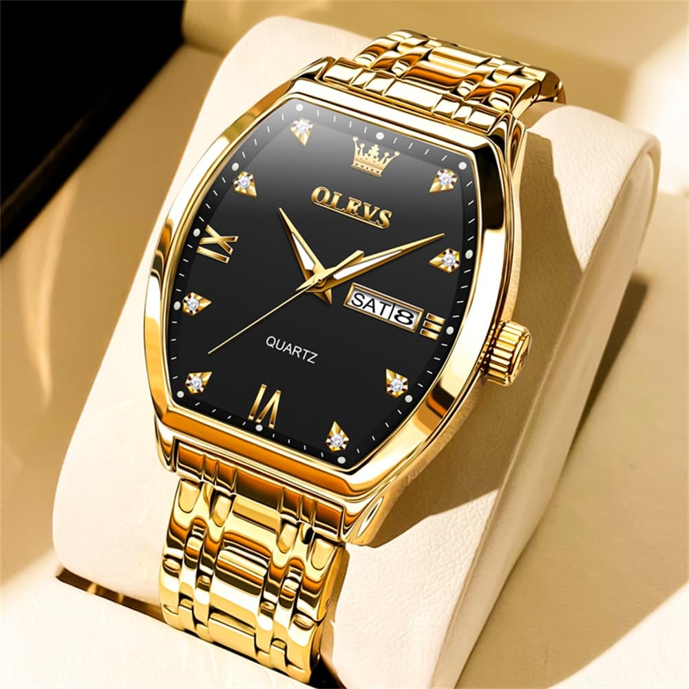 OLEVS Tonneau Diamond Dial Day Date Quartz Watch 5528 Steel Band for Men - Gold Black Watch | Olevs Watch Store