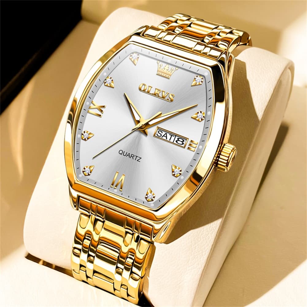 OLEVS Tonneau Diamond Dial Day Date Quartz Watch 5528 Steel Band for Men - Gold White Watch | Olevs Watch Store