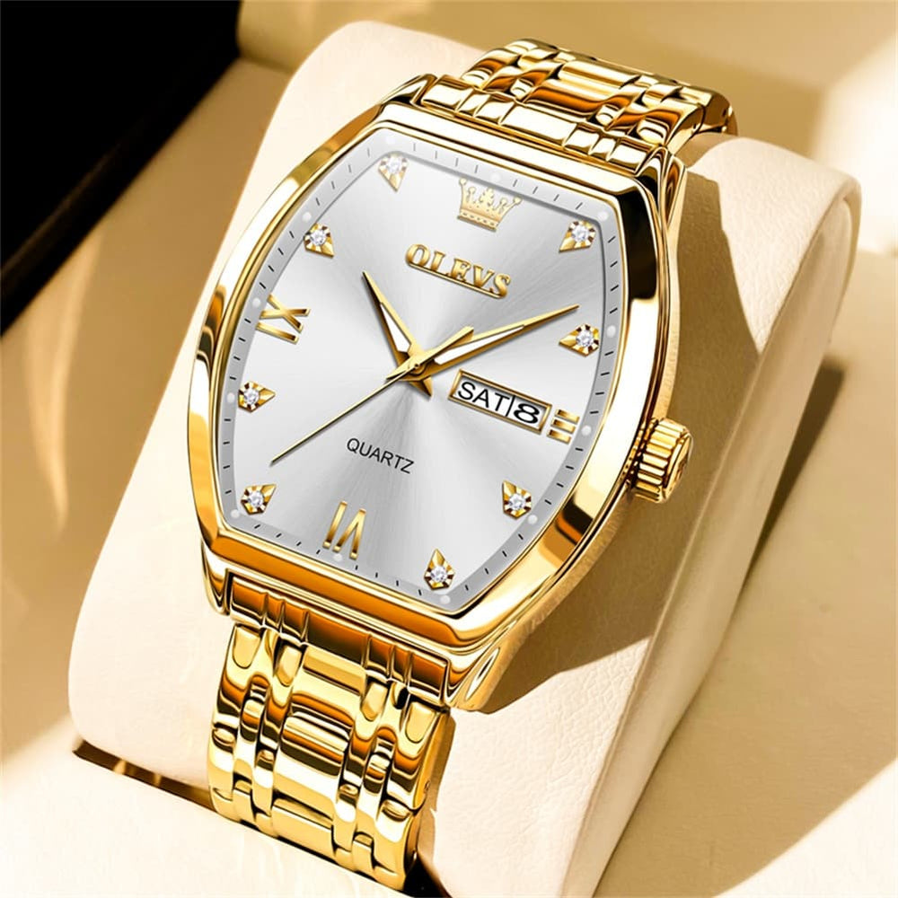OLEVS Tonneau Diamond Dial Day Date Quartz Watch 5528 Steel Band for Men - Gold White Watch | Olevs Watch Store