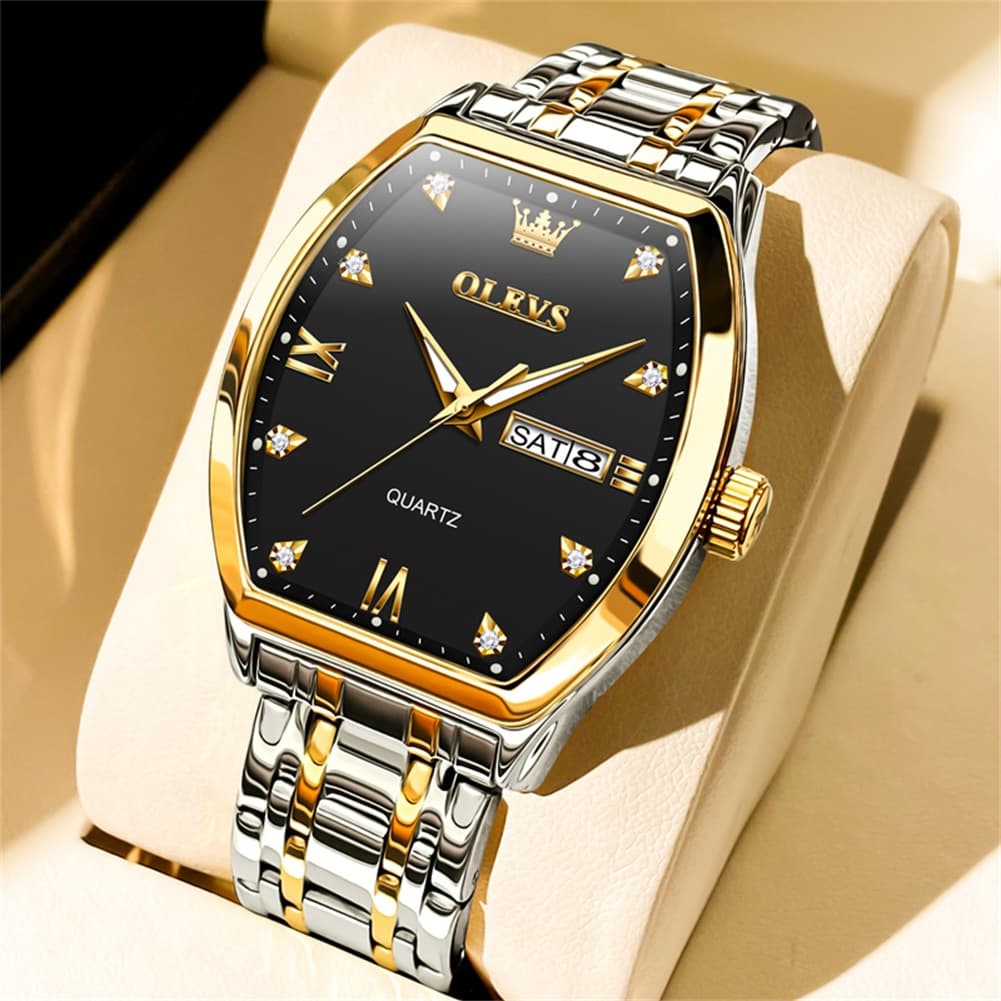 OLEVS Tonneau Diamond Dial Day Date Quartz Watch 5528 Steel Band for Men - Two Tone Black Watch | Olevs Watch Store
