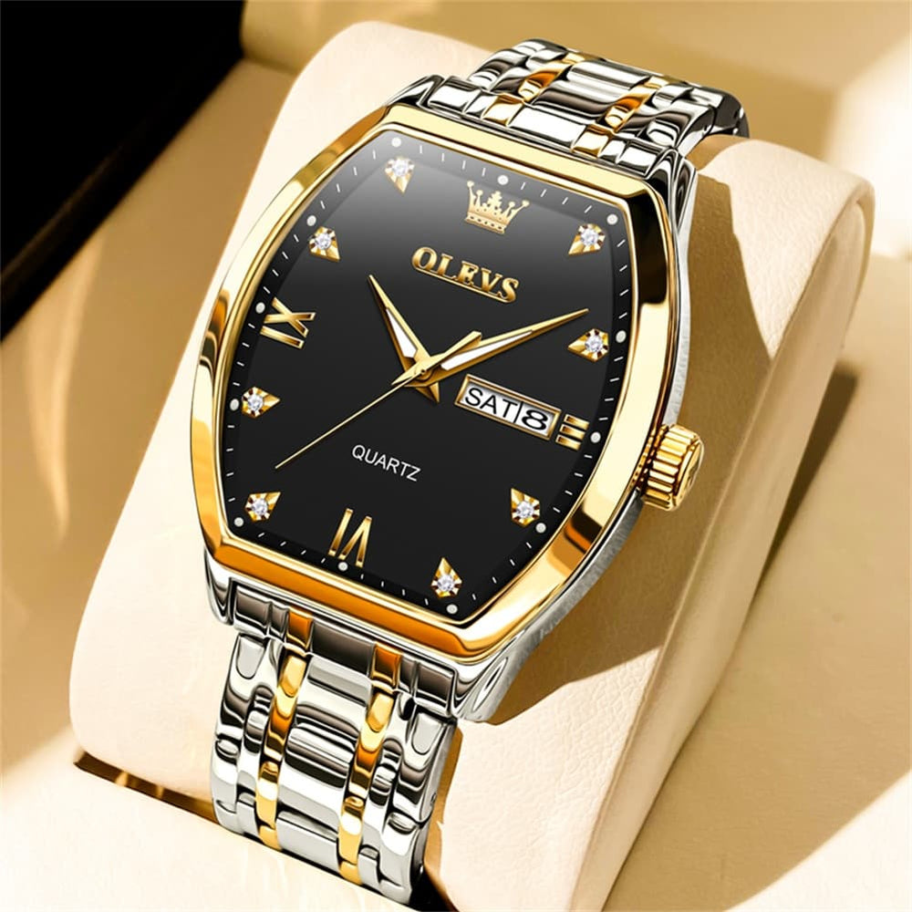 OLEVS Tonneau Diamond Dial Day Date Quartz Watch 5528 Steel Band for Men - Two Tone Black Watch | Olevs Watch Store