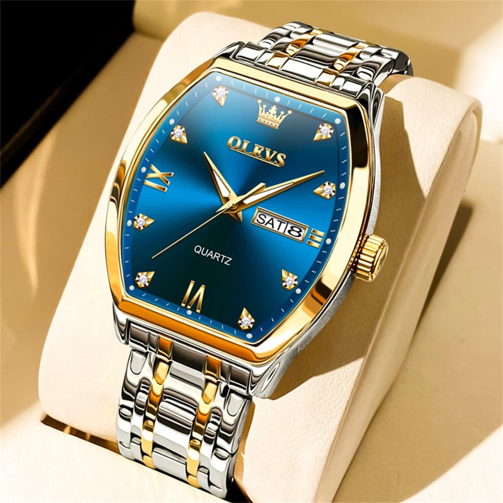 OLEVS Tonneau Diamond Dial Day Date Quartz Watch 5528 Steel Band for Men - Two Tone Blue Watch | Olevs Watch Store