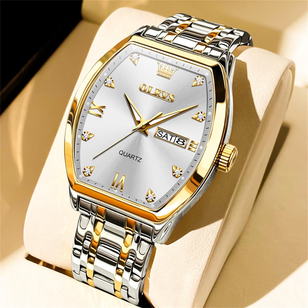 OLEVS Tonneau Diamond Dial Day Date Quartz Watch 5528 Steel Band for Men - Two Tone White Watch | Olevs Watch Store