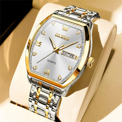 OLEVS Tonneau Diamond Dial Day Date Quartz Watch 5528 Steel Band for Men - Two Tone White Watch | Olevs Watch Store