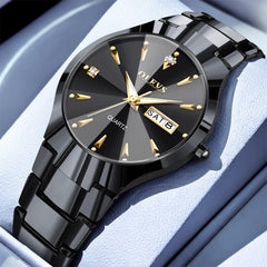 OLEVS Tungsten Steel Ultra Thin Day Date Couple Watch 8697 for Men and Women - Men All Black Watch | Olevs Watch Store