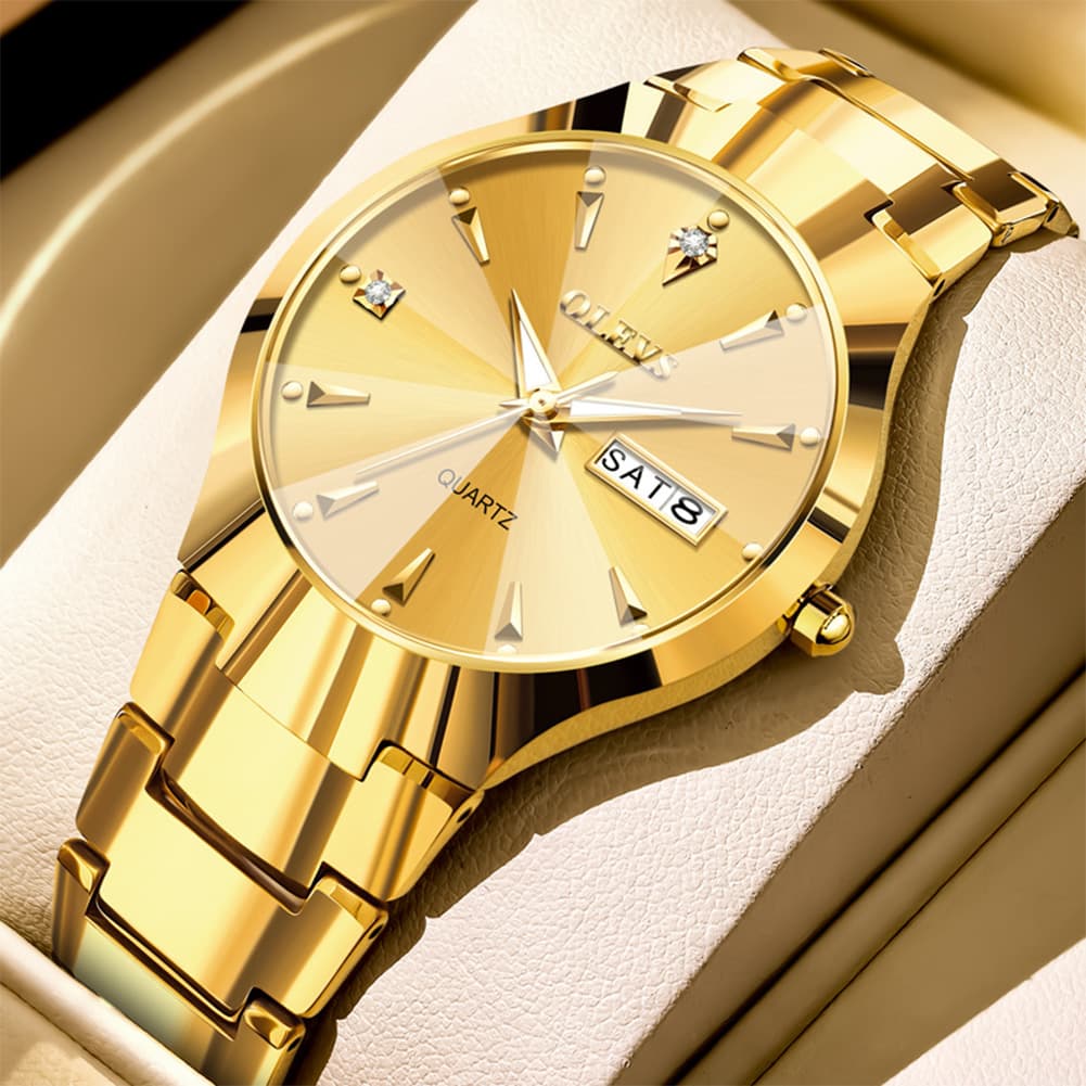 OLEVS Tungsten Steel Ultra Thin Day Date Couple Watch 8697 for Men and Women - Men All Gold Watch | Olevs Watch Store