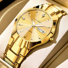 OLEVS Tungsten Steel Ultra Thin Day Date Couple Watch 8697 for Men and Women - Men All Gold Watch | Olevs Watch Store