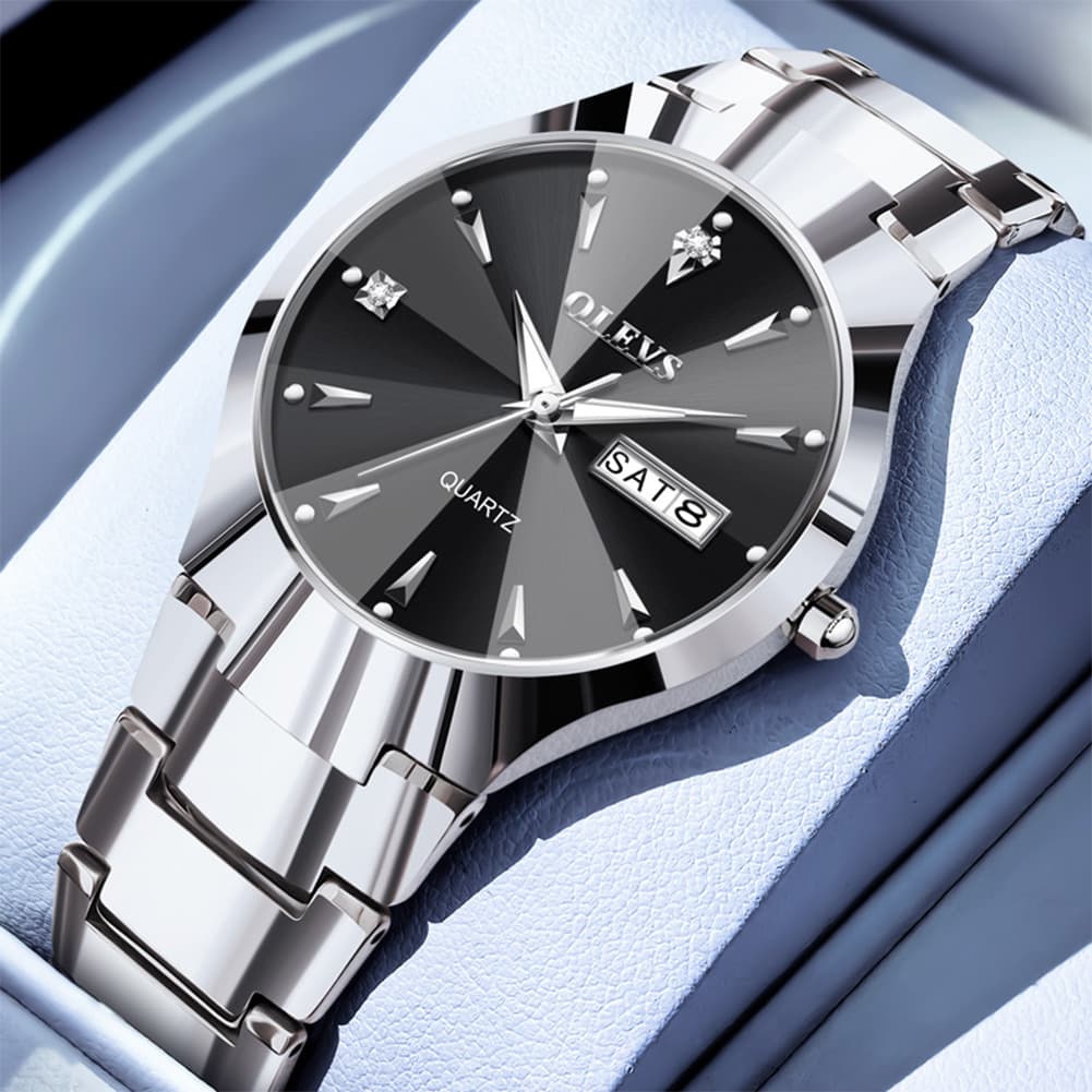 OLEVS Tungsten Steel Ultra Thin Day Date Couple Watch 8697 for Men and Women - Men Silver Black Watch | Olevs Watch Store
