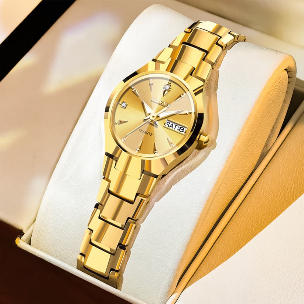 OLEVS Tungsten Steel Ultra Thin Day Date Couple Watch 8697 for Men and Women - Women All Gold Watch | Olevs Watch Store