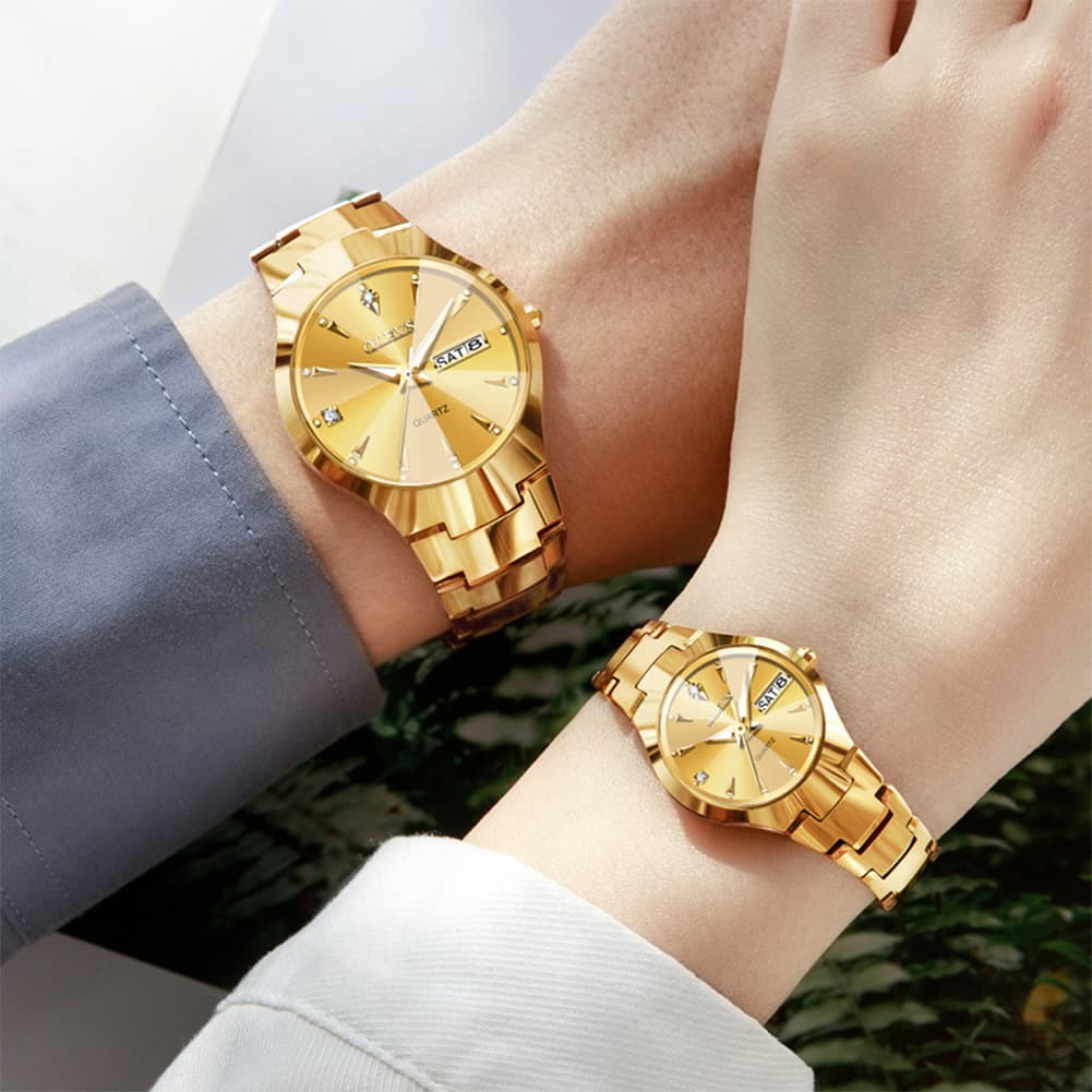 OLEVS Tungsten Steel Ultra Thin Day Date Couple Watch 8697 for Men and Women - Women All Gold Watch | Olevs Watch Store