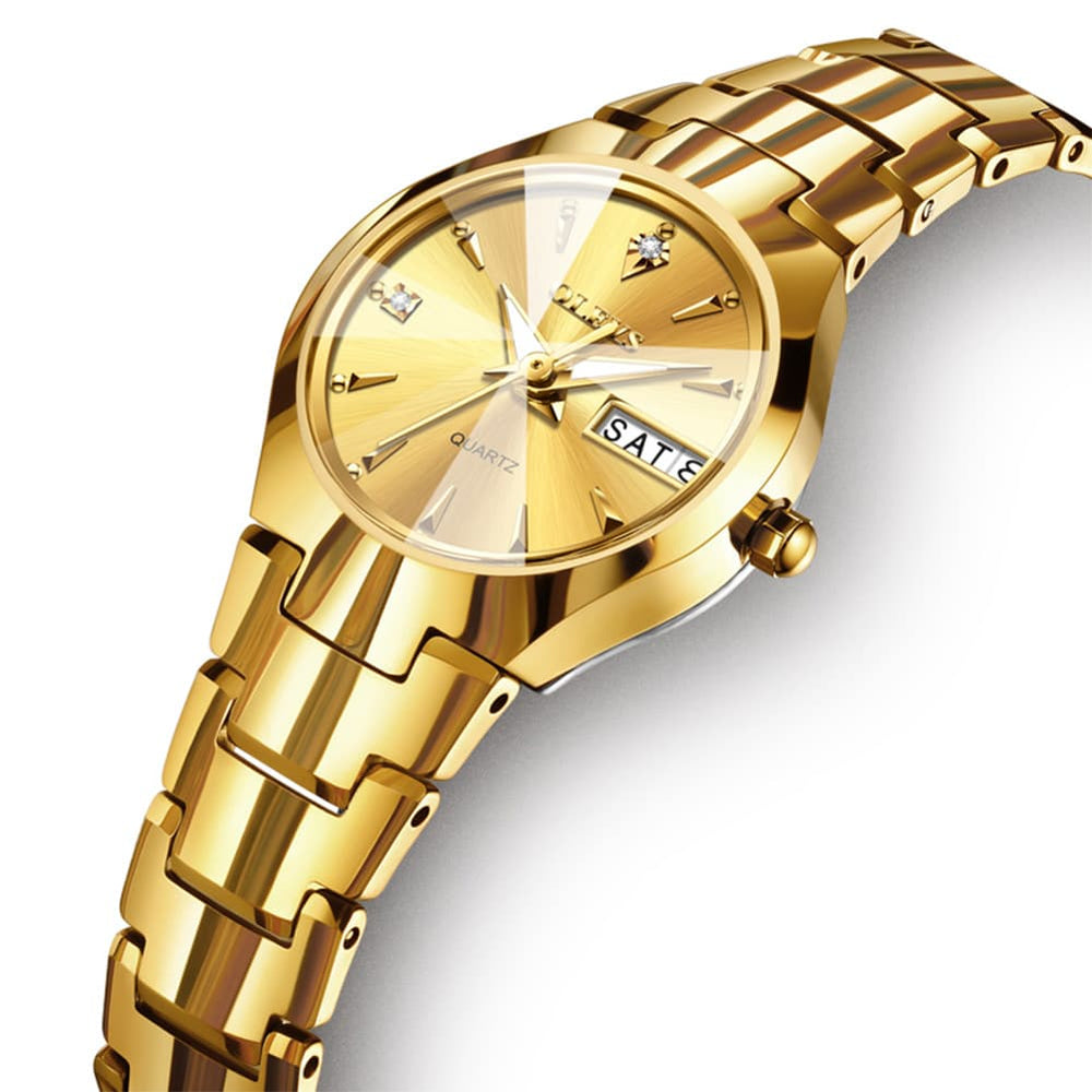 OLEVS Tungsten Steel Ultra Thin Day Date Couple Watch 8697 for Men and Women - Women All Gold Watch | Olevs Watch Store