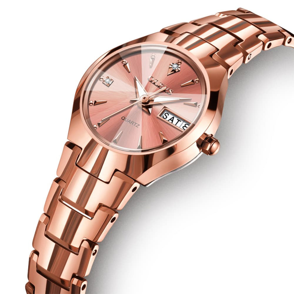 OLEVS Tungsten Steel Ultra Thin Day Date Couple Watch 8697 for Men and Women - Women All Gold Watch | Olevs Watch Store