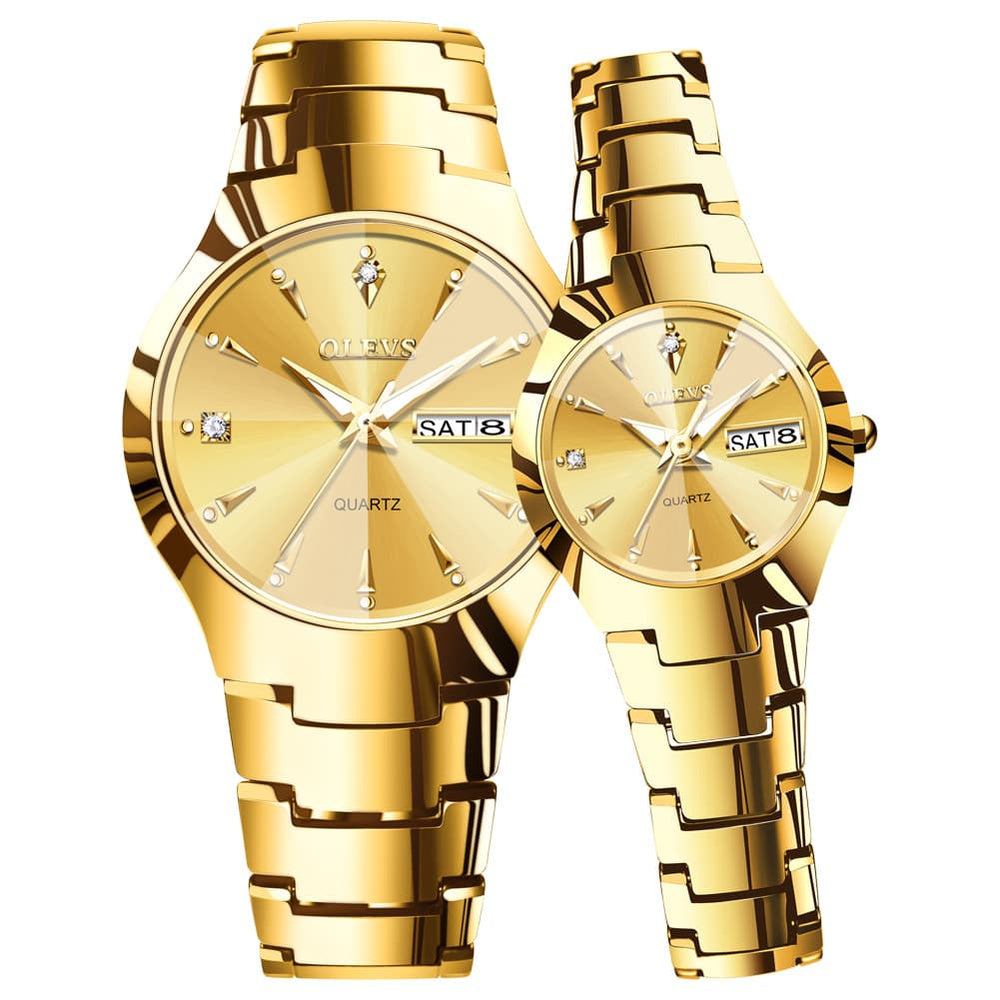 OLEVS Tungsten Steel Ultra Thin Day Date Couple Watch 8697 for Men and Women - Women All Gold Watch | Olevs Watch Store
