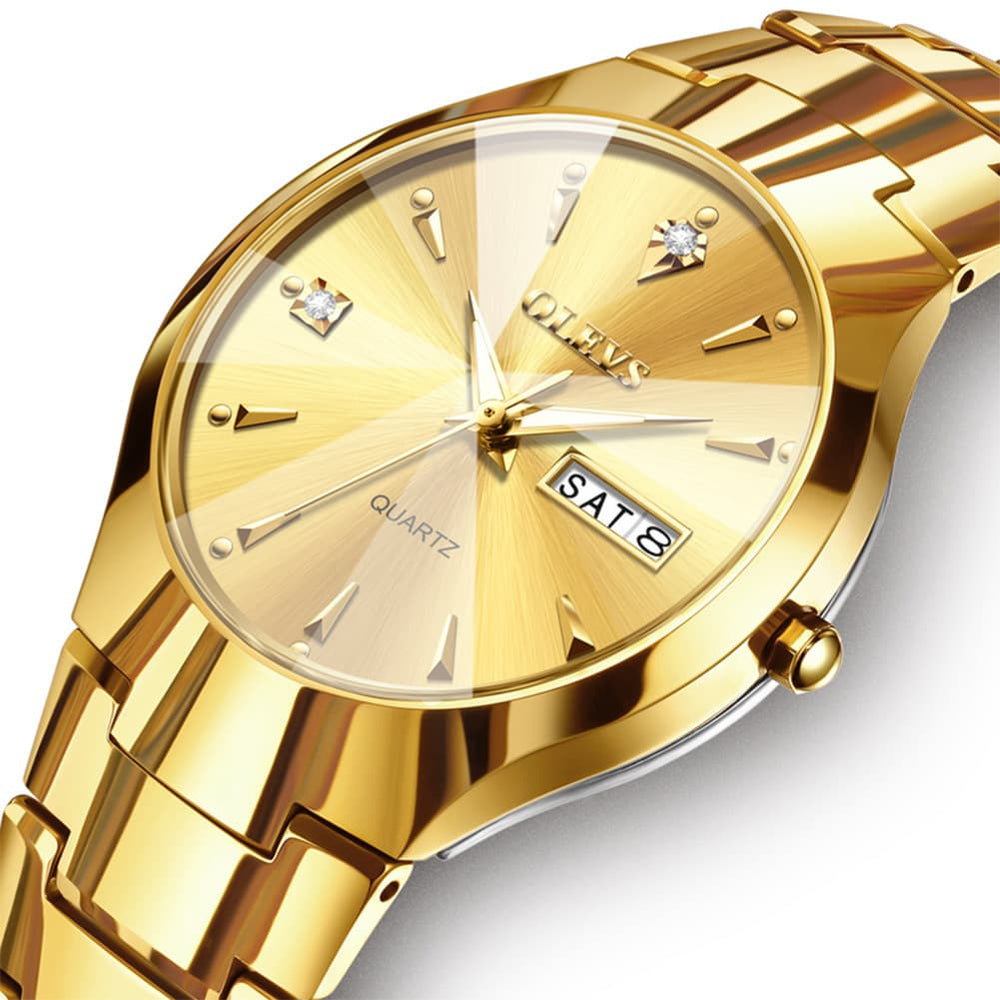 OLEVS Tungsten Steel Ultra Thin Day Date Couple Watch 8697 for Men and Women - Women All Gold Watch | Olevs Watch Store