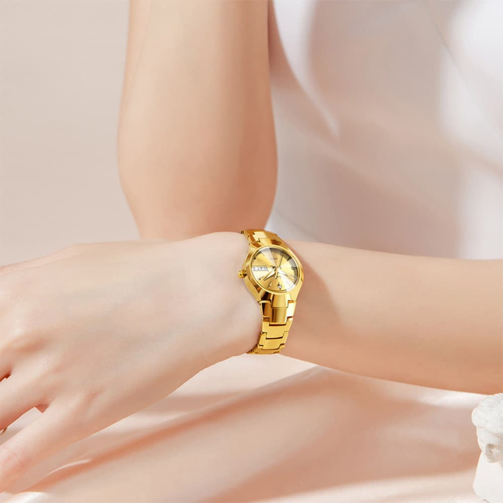 OLEVS Tungsten Steel Ultra Thin Day Date Couple Watch 8697 for Men and Women - Women All Gold Watch | Olevs Watch Store