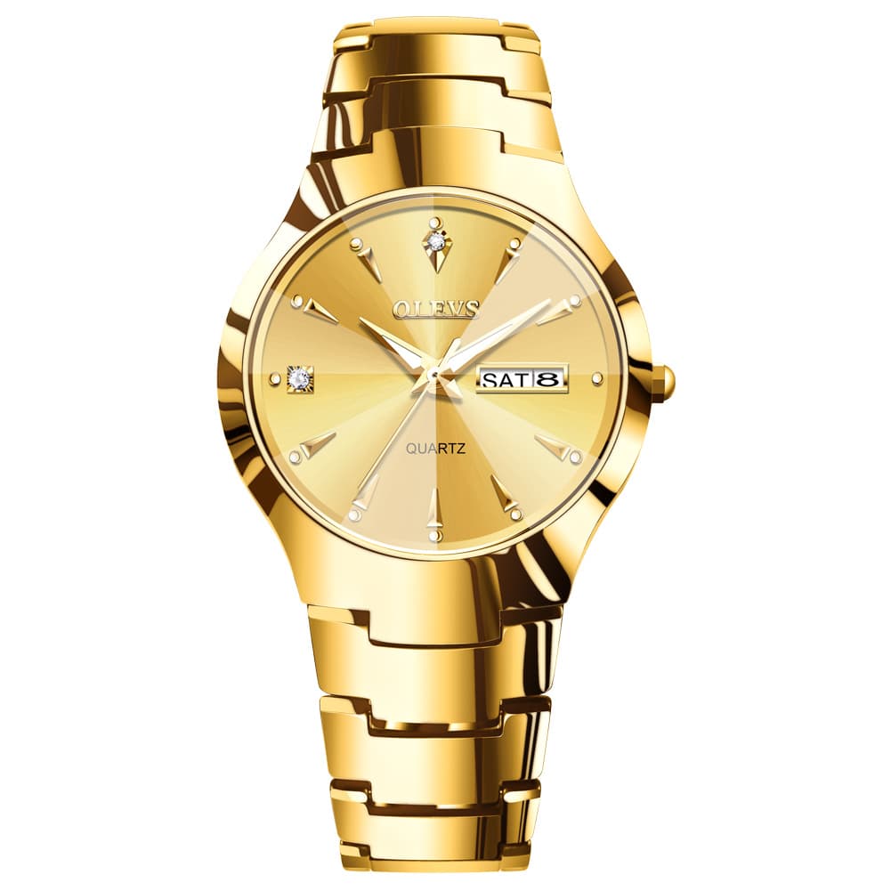 OLEVS Tungsten Steel Ultra Thin Day Date Couple Watch 8697 for Men and Women - Women All Gold Watch | Olevs Watch Store