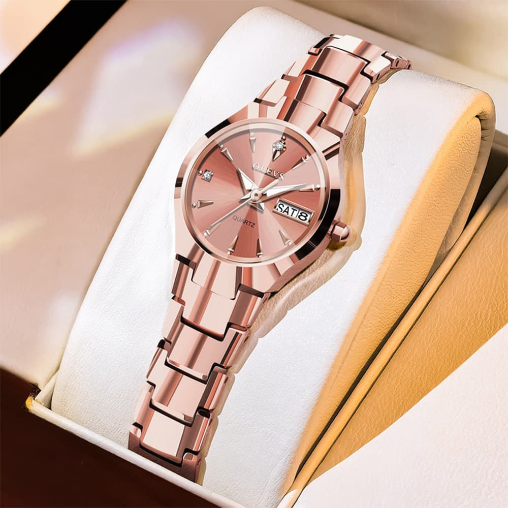 OLEVS Tungsten Steel Ultra Thin Day Date Couple Watch 8697 for Men and Women - Women Rose Gold Watch | Olevs Watch Store