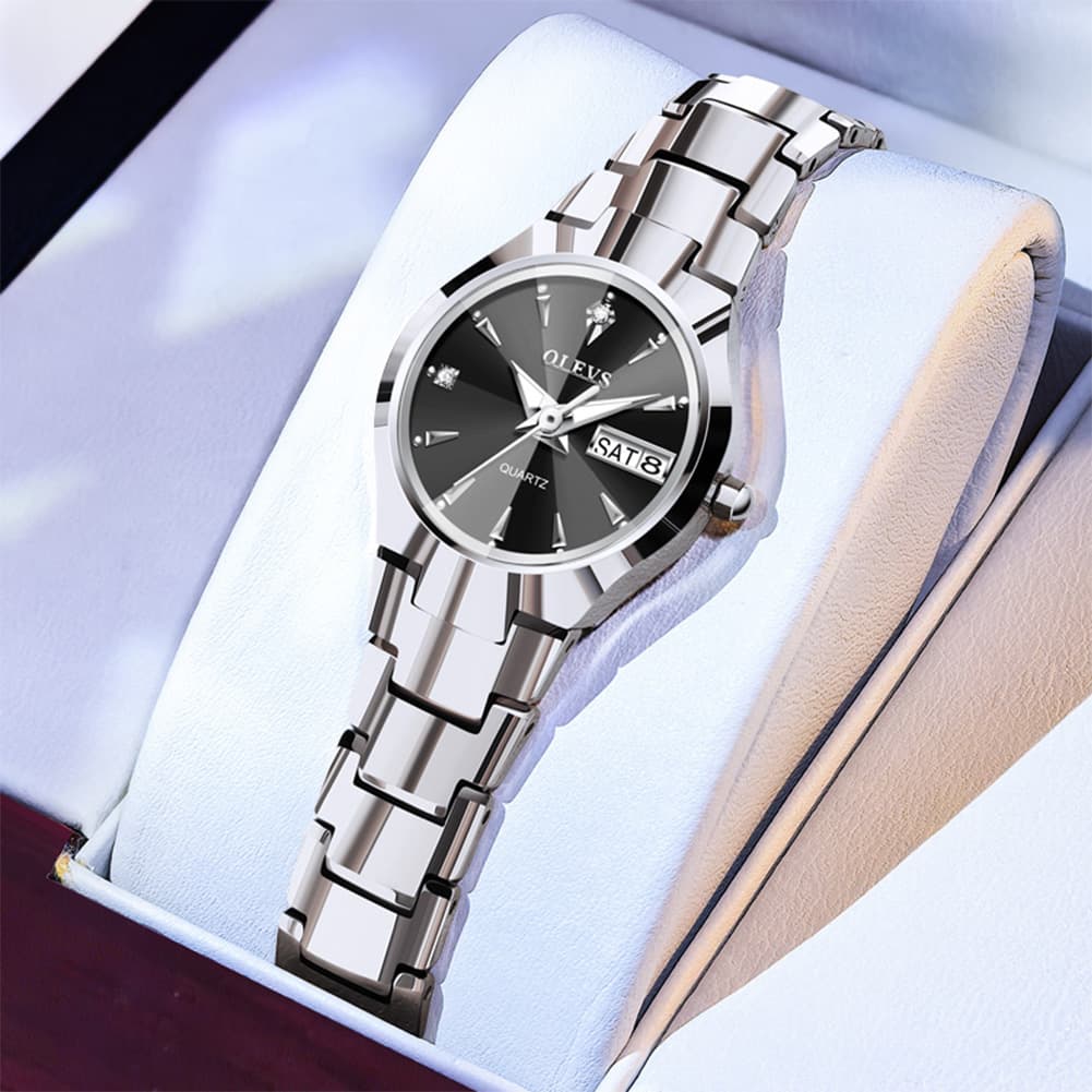 OLEVS Tungsten Steel Ultra Thin Day Date Couple Watch 8697 for Men and Women - Women Silver Black Watch | Olevs Watch Store