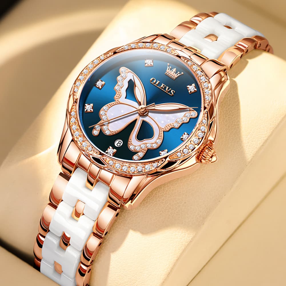 OLEVS Women Butterfly Watch Ceramic Rose Gold Diamond Date Quartz 5610 - Rose Gold Blue Dial Watch | Olevs Watch Store