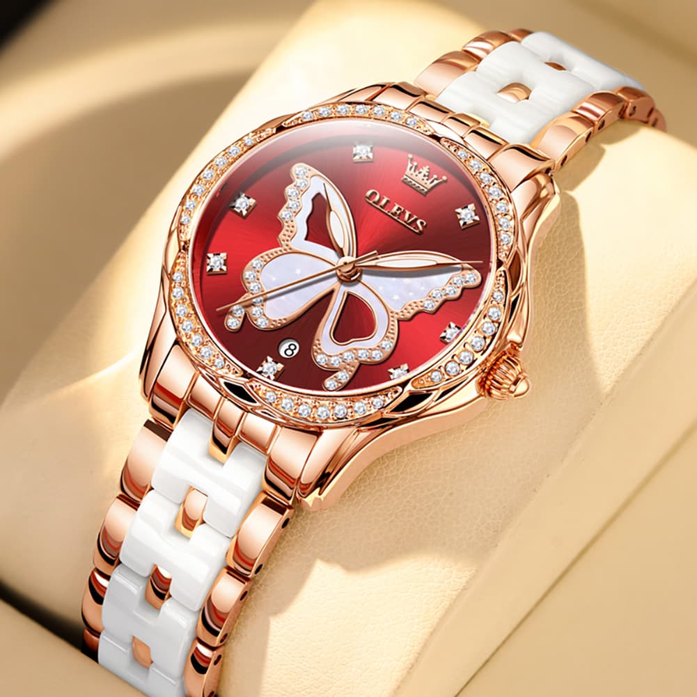 OLEVS Women Butterfly Watch Ceramic Rose Gold Diamond Date Quartz 5610 - Rose Gold Red Dial Watch | Olevs Watch Store