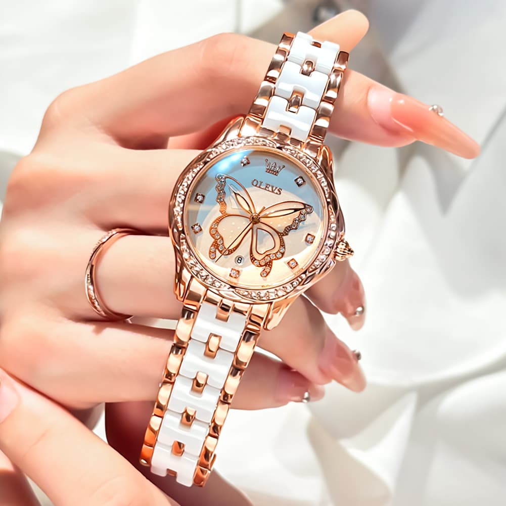 OLEVS Women Butterfly Watch Ceramic Rose Gold Diamond Date Quartz 5610 - Rose Gold White Dial Watch | Olevs Watch Store
