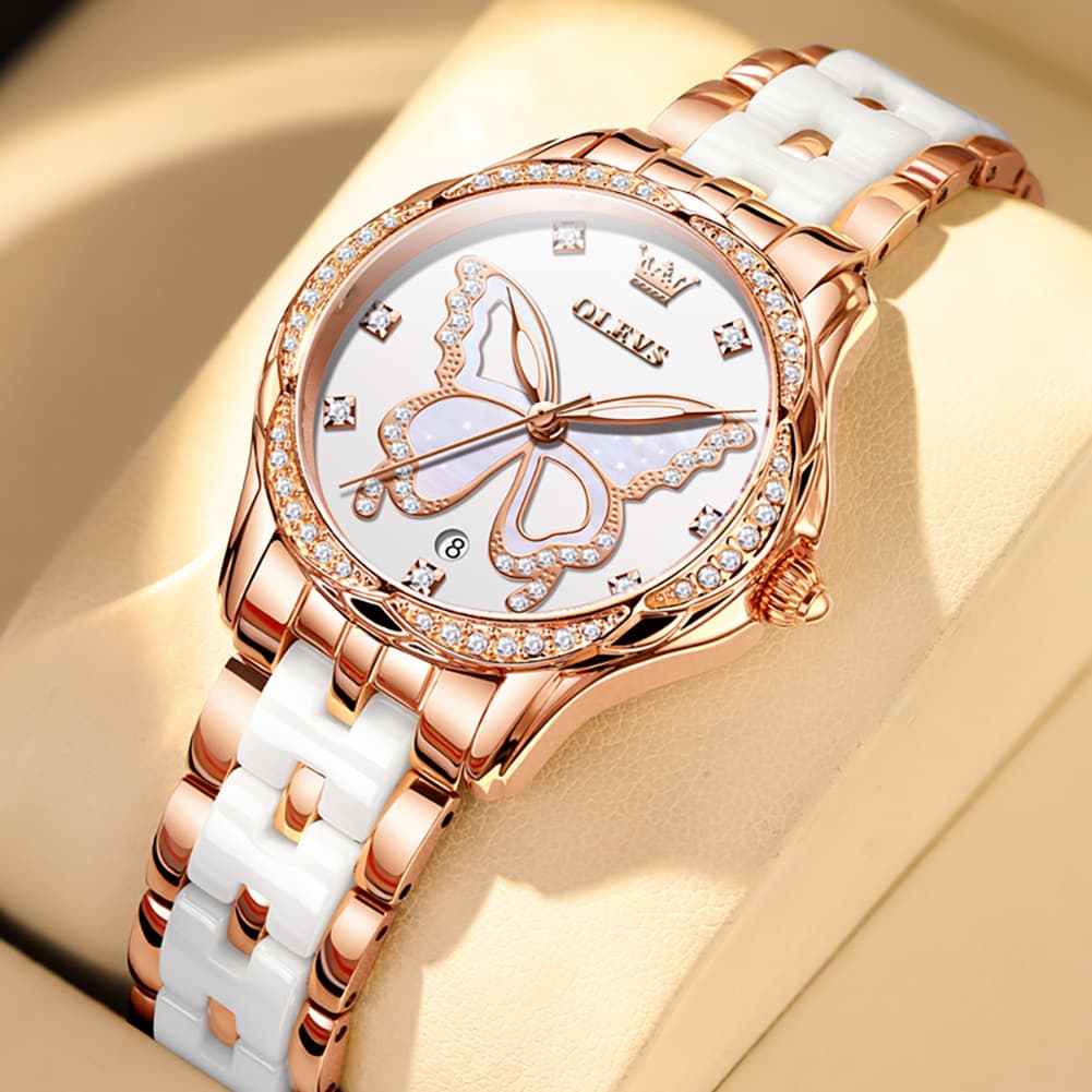 OLEVS Women Butterfly Watch Ceramic Rose Gold Diamond Date Quartz 5610 - Rose Gold White Dial Watch | Olevs Watch Store