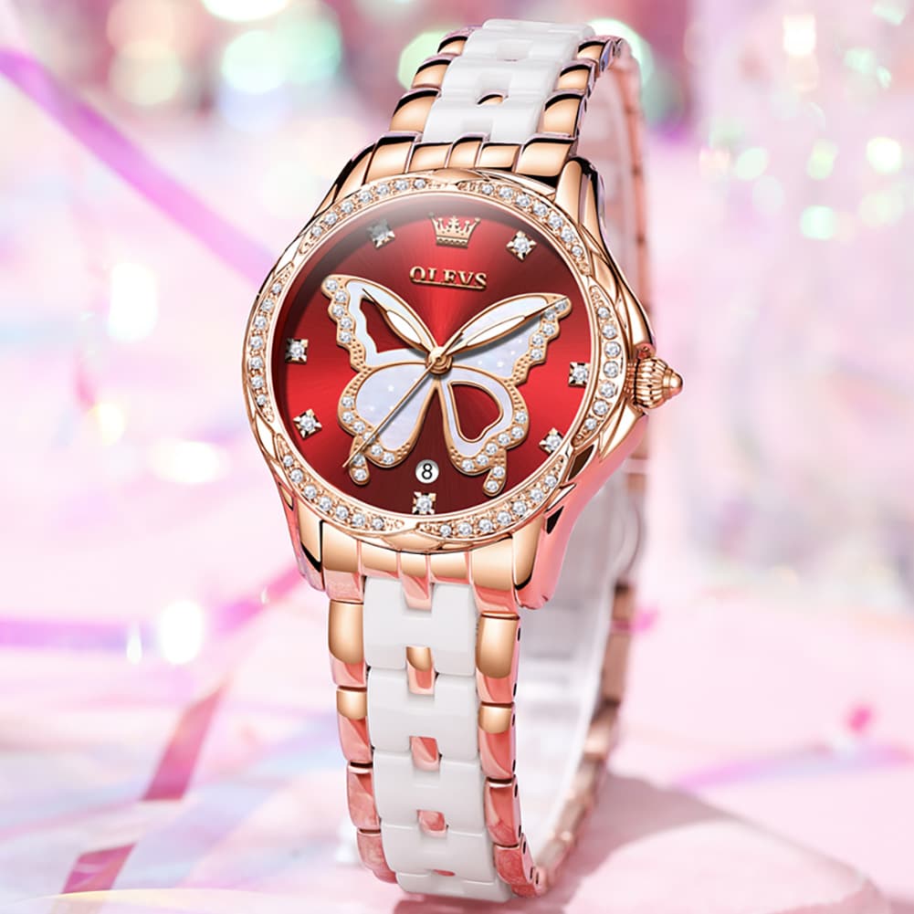 OLEVS Women Butterfly Watch Ceramic Rose Gold Diamond Date Quartz 5610 - Rose Gold White Dial Watch | Olevs Watch Store