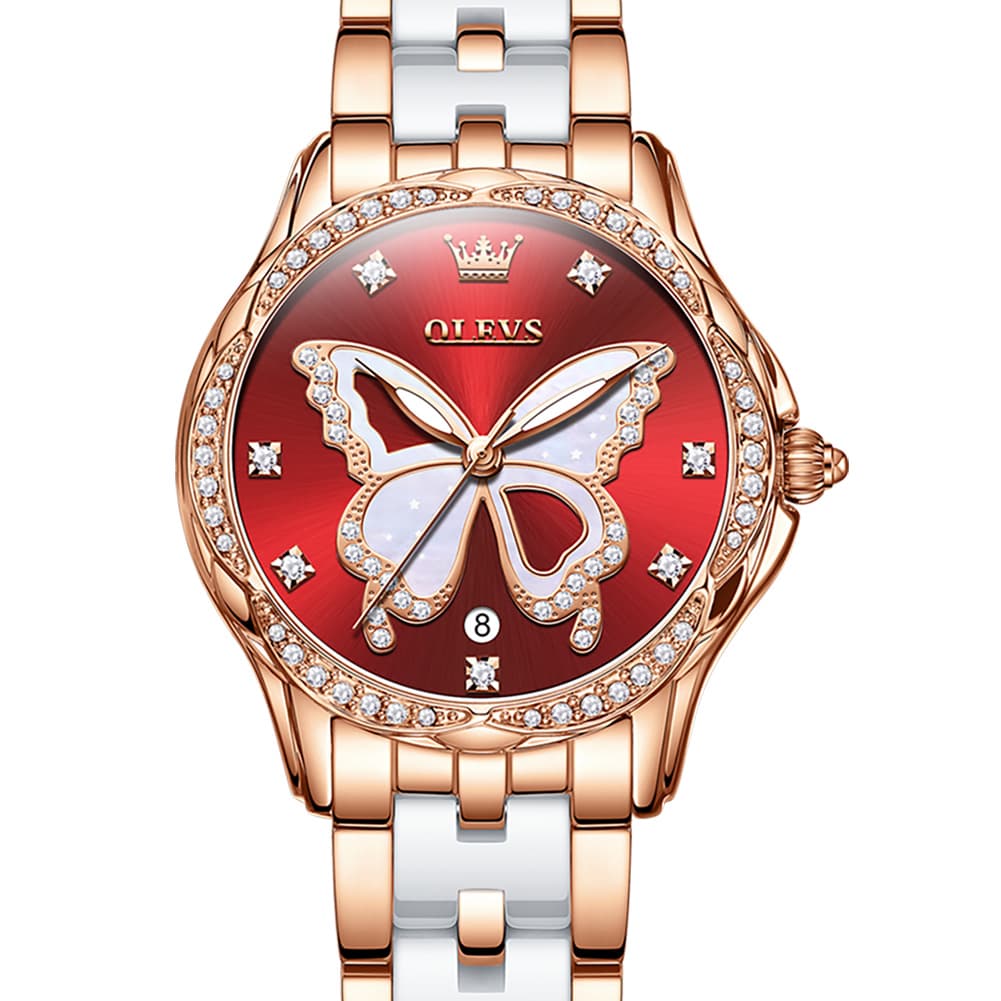 OLEVS Women Butterfly Watch Ceramic Rose Gold Diamond Date Quartz 5610 - Rose Gold White Dial Watch | Olevs Watch Store