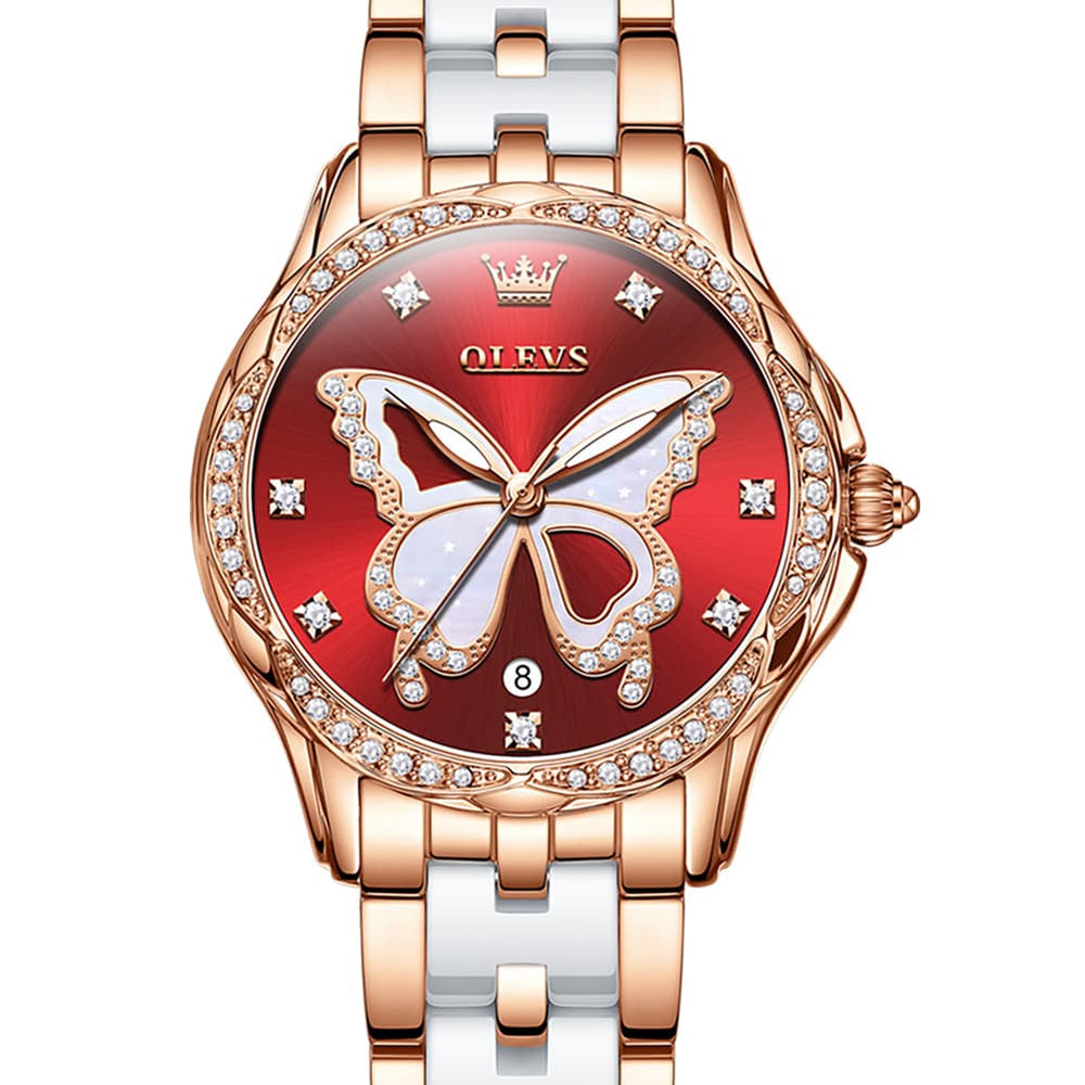 OLEVS Women Butterfly Watch Ceramic Rose Gold Diamond Date Quartz 5610 - Rose Gold White Dial Watch | Olevs Watch Store