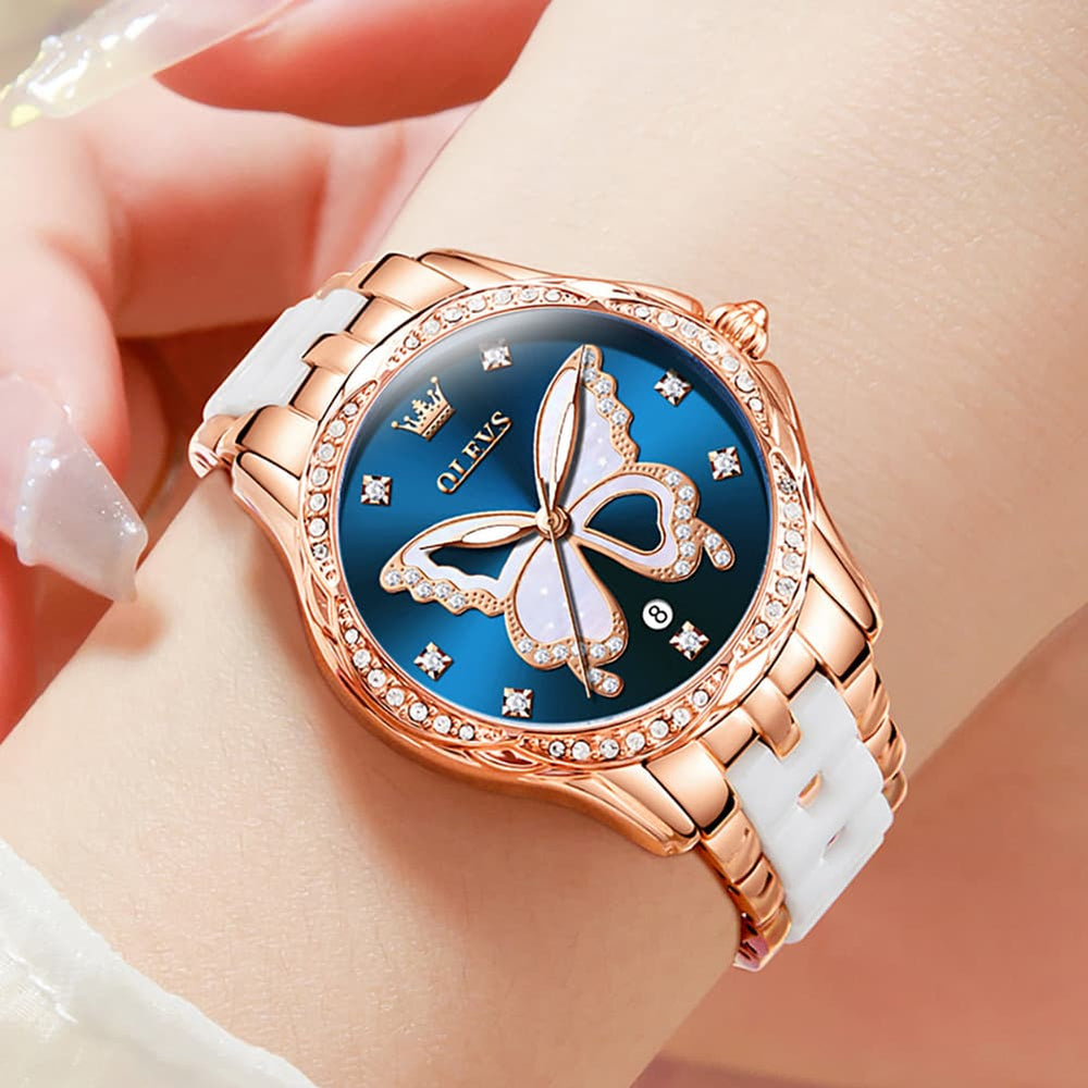 OLEVS Women Butterfly Watch Ceramic Rose Gold Diamond Date Quartz 5610 - Rose Gold White Dial Watch | Olevs Watch Store