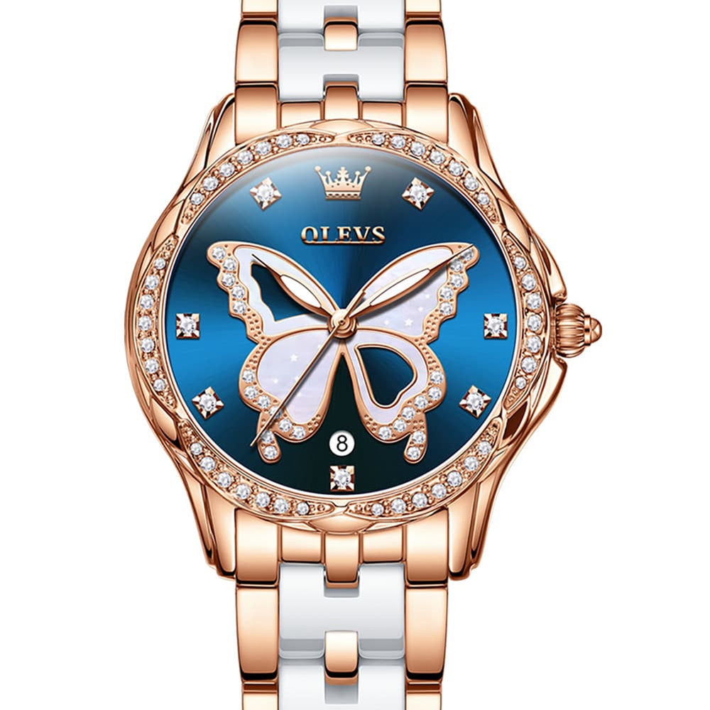 OLEVS Women Butterfly Watch Ceramic Rose Gold Diamond Date Quartz 5610 - Rose Gold White Dial Watch | Olevs Watch Store