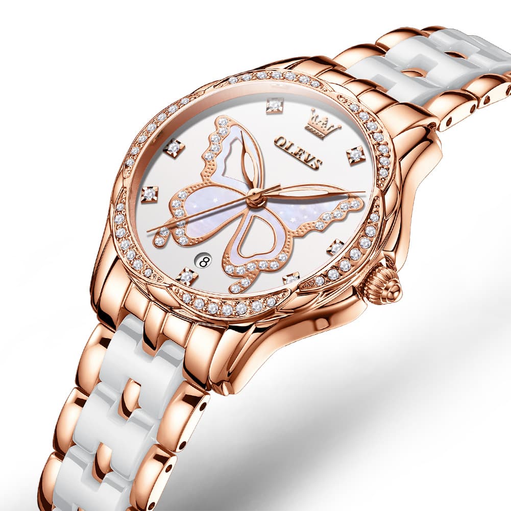 OLEVS Women Butterfly Watch Ceramic Rose Gold Diamond Date Quartz 5610 - Rose Gold White Dial Watch | Olevs Watch Store