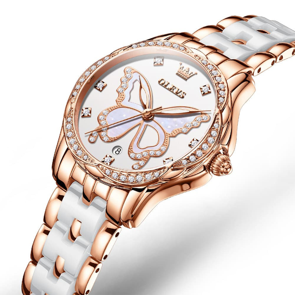 OLEVS Women Butterfly Watch Ceramic Rose Gold Diamond Date Quartz 5610 - Rose Gold White Dial Watch | Olevs Watch Store