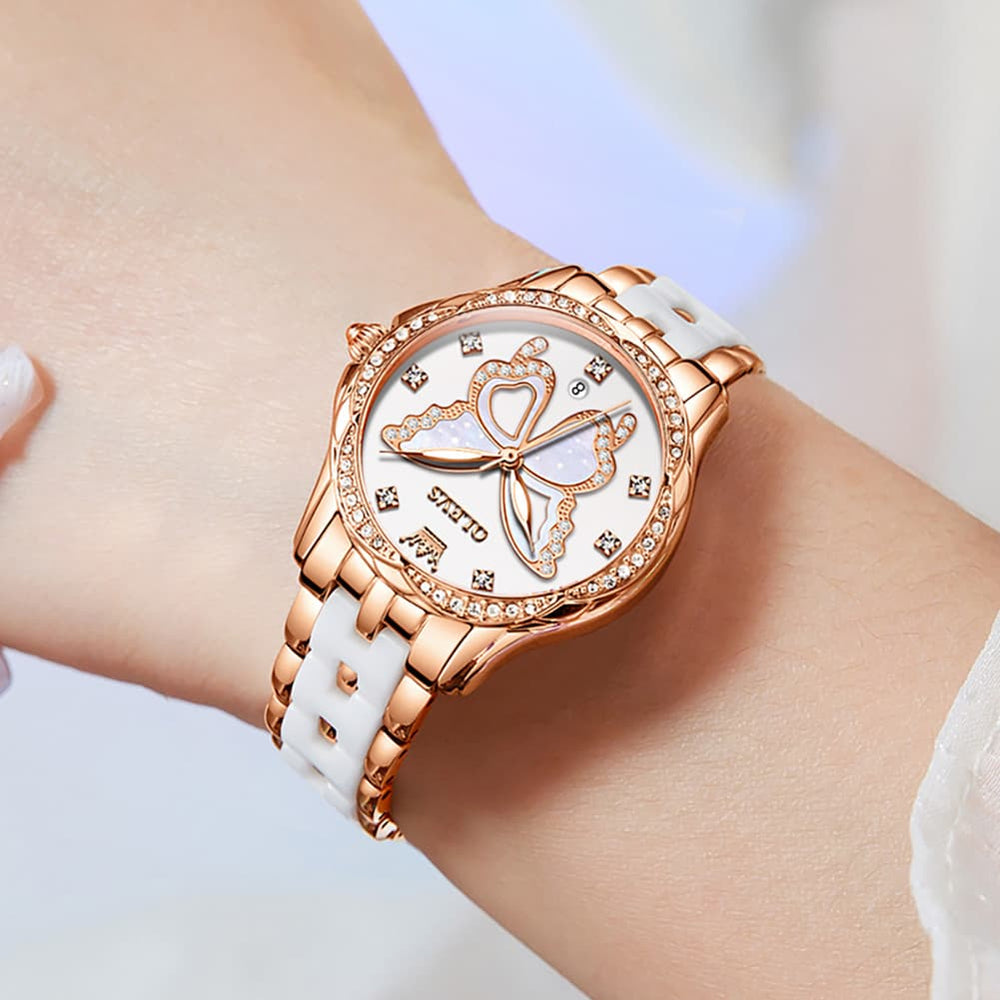 OLEVS Women Butterfly Watch Ceramic Rose Gold Diamond Date Quartz 5610 - Rose Gold Red Dial Watch | Olevs Watch Store