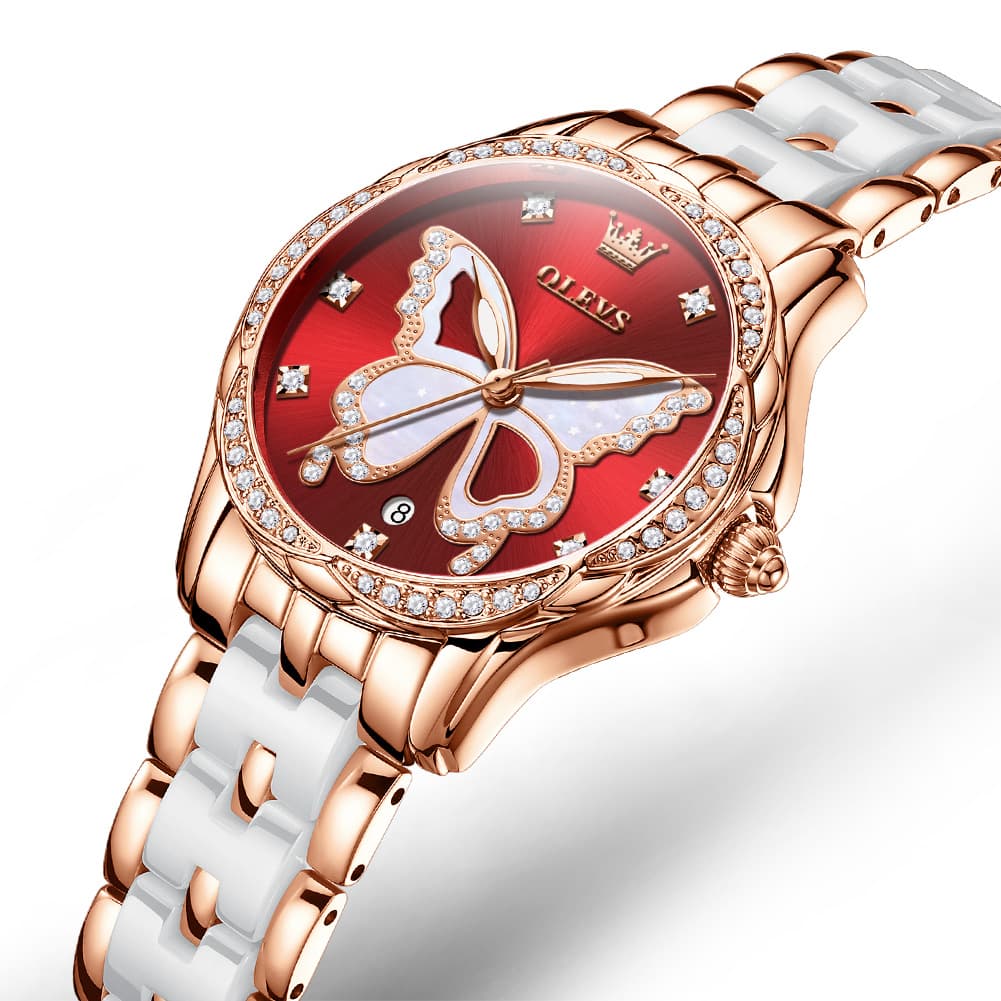 OLEVS Women Butterfly Watch Ceramic Rose Gold Diamond Date Quartz 5610 - Rose Gold White Dial Watch | Olevs Watch Store