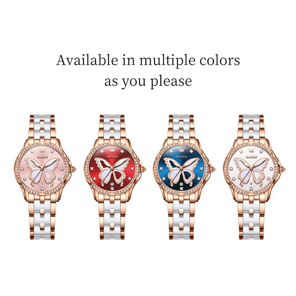 OLEVS Women Butterfly Watch Ceramic Rose Gold Diamond Date Quartz 5610 - Rose Gold White Dial Watch | Olevs Watch Store