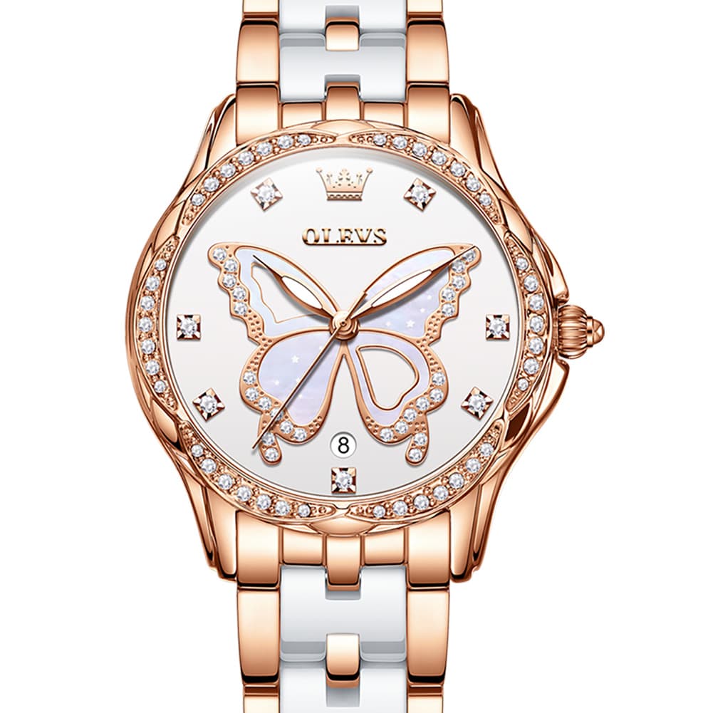 OLEVS Women Butterfly Watch Ceramic Rose Gold Diamond Date Quartz 5610 - Rose Gold White Dial Watch | Olevs Watch Store