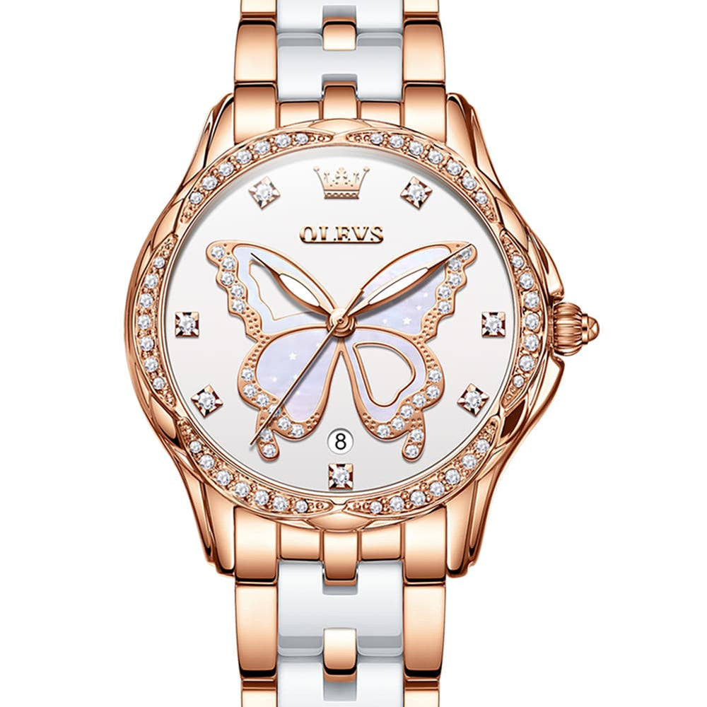 OLEVS Women Butterfly Watch Ceramic Rose Gold Diamond Date Quartz 5610 - Rose Gold White Dial Watch | Olevs Watch Store