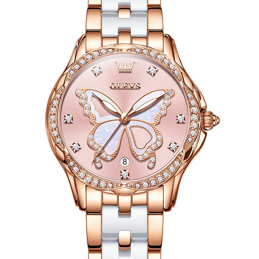 OLEVS Women Butterfly Watch Ceramic Rose Gold Diamond Date Quartz 5610 - Rose Gold Red Dial Watch | Olevs Watch Store