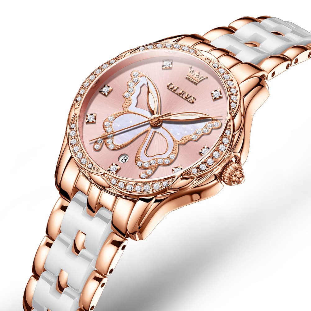 OLEVS Women Butterfly Watch Ceramic Rose Gold Diamond Date Quartz 5610 - Rose Gold White Dial Watch | Olevs Watch Store