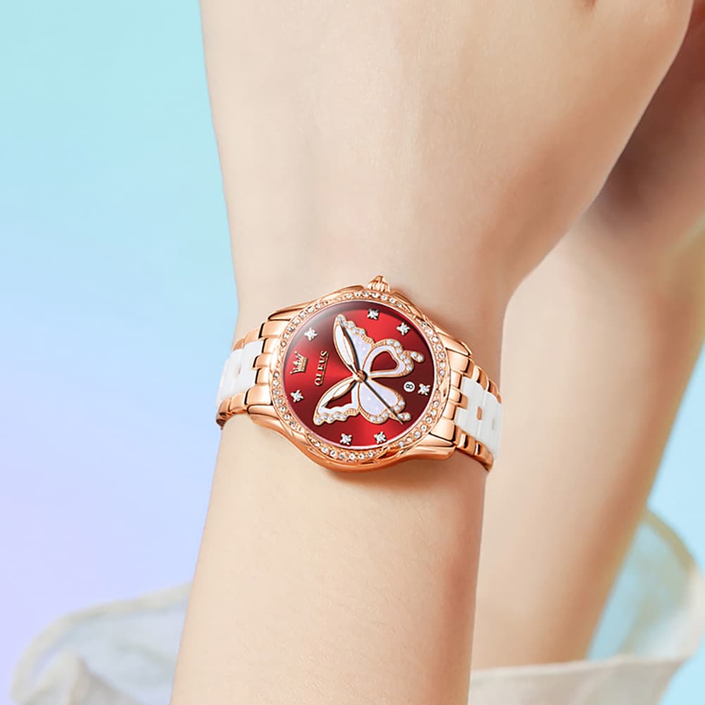 OLEVS Women Butterfly Watch Ceramic Rose Gold Diamond Date Quartz 5610 - Rose Gold Red Dial Watch | Olevs Watch Store