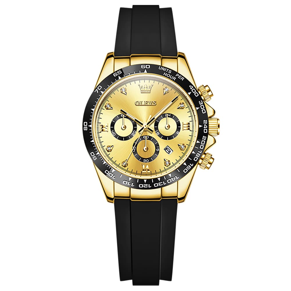 OLEVS Women Chronograph Watch Silicone Sport Strap Date Quartz 5618 - Gold Black Dial Watch | Olevs Watch Store