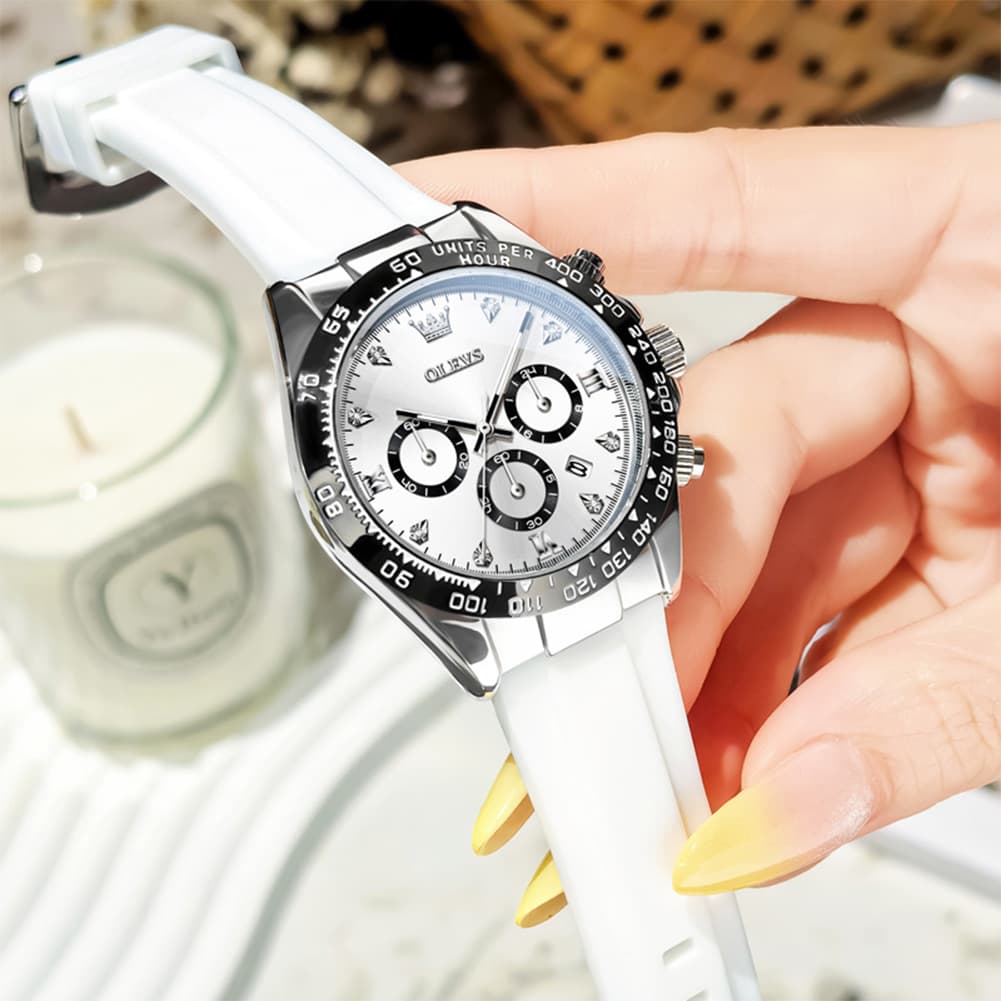 OLEVS Women Chronograph Watch Silicone Sport Strap Date Quartz 5618 - Gold Black Dial Watch | Olevs Watch Store