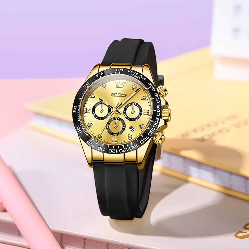 OLEVS Women Chronograph Watch Silicone Sport Strap Date Quartz 5618 - Gold Black Dial Watch | Olevs Watch Store
