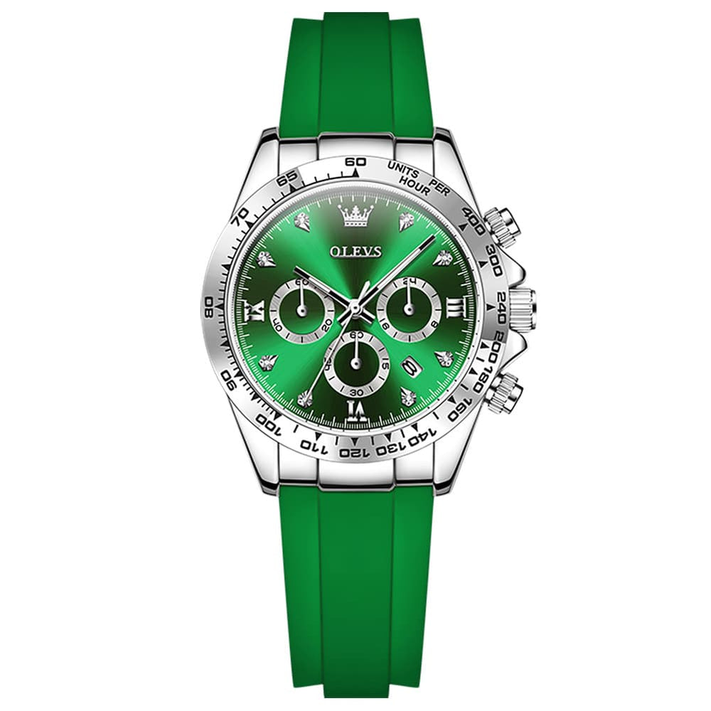 OLEVS Women Chronograph Watch Silicone Sport Strap Date Quartz 5618 - Silver Green Dial Watch | Olevs Watch Store