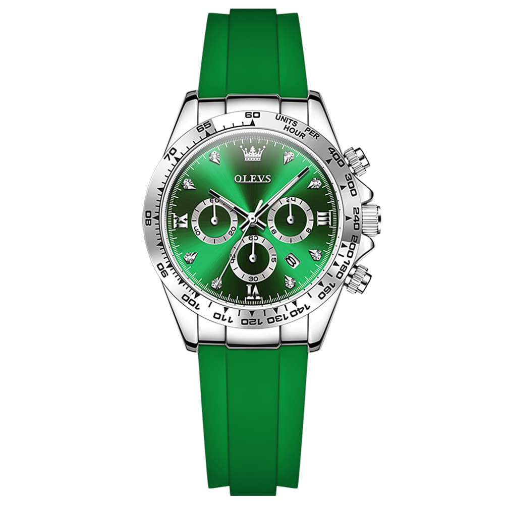 OLEVS Women Chronograph Watch Silicone Sport Strap Date Quartz 5618 - Silver Green Dial Watch | Olevs Watch Store