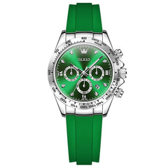 OLEVS Women Chronograph Watch Silicone Sport Strap Date Quartz 5618 - Silver Green Dial Watch | Olevs Watch Store