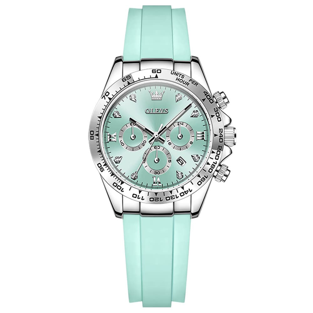 OLEVS Women Chronograph Watch Silicone Sport Strap Date Quartz 5618 - Silver Mint Blue Dial Watch | Olevs Watch Store