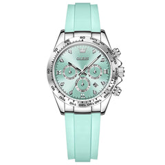 OLEVS Women Chronograph Watch Silicone Sport Strap Date Quartz 5618 - Silver Mint Blue Dial Watch | Olevs Watch Store