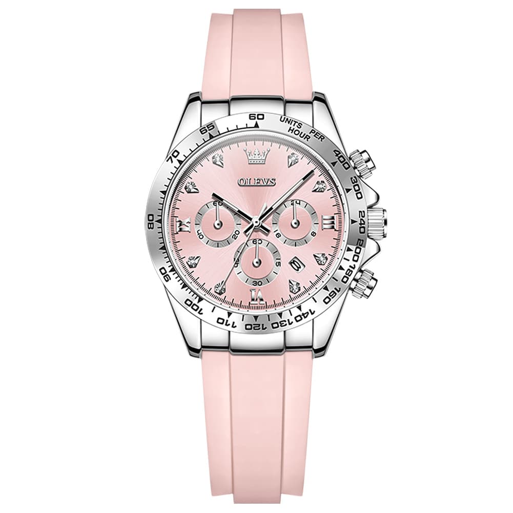 OLEVS Women Chronograph Watch Silicone Sport Strap Date Quartz 5618 - Silver Pink Dial Watch | Olevs Watch Store
